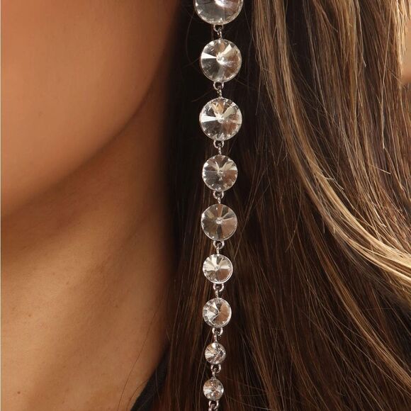 Silver Long Round Rhinestone Tassel Dangle Earrings NEW - Picture 3 of 4